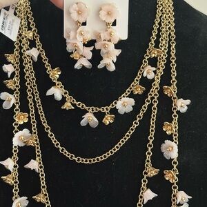 Chico's Gold and Pink Floral Necklace Set ( nwt necklace and matching earrings)